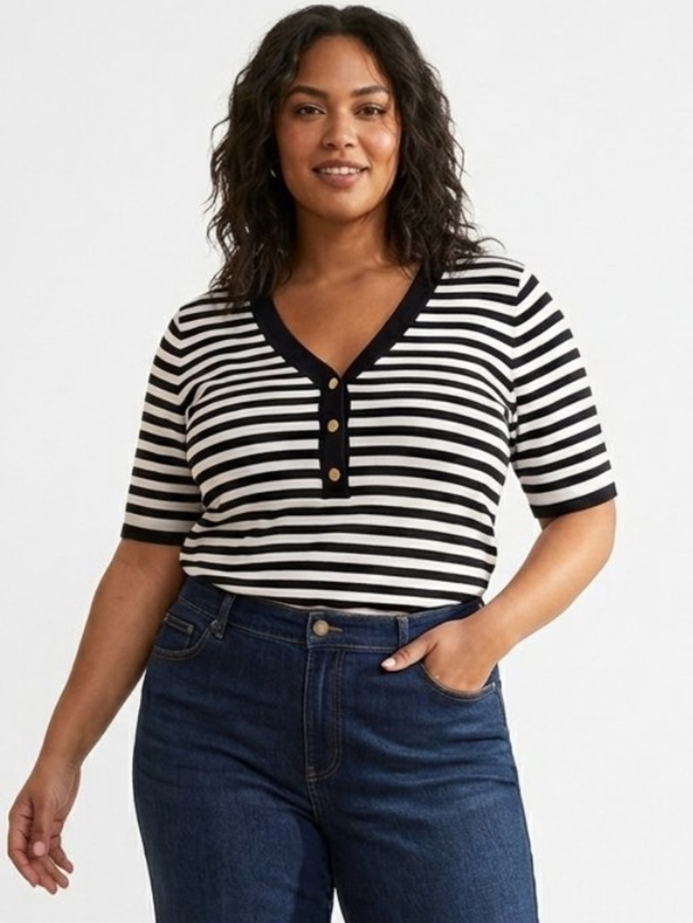 Lane Bryant Striped V-Neck Henley Short Sleeve Top Plus Size 22/24